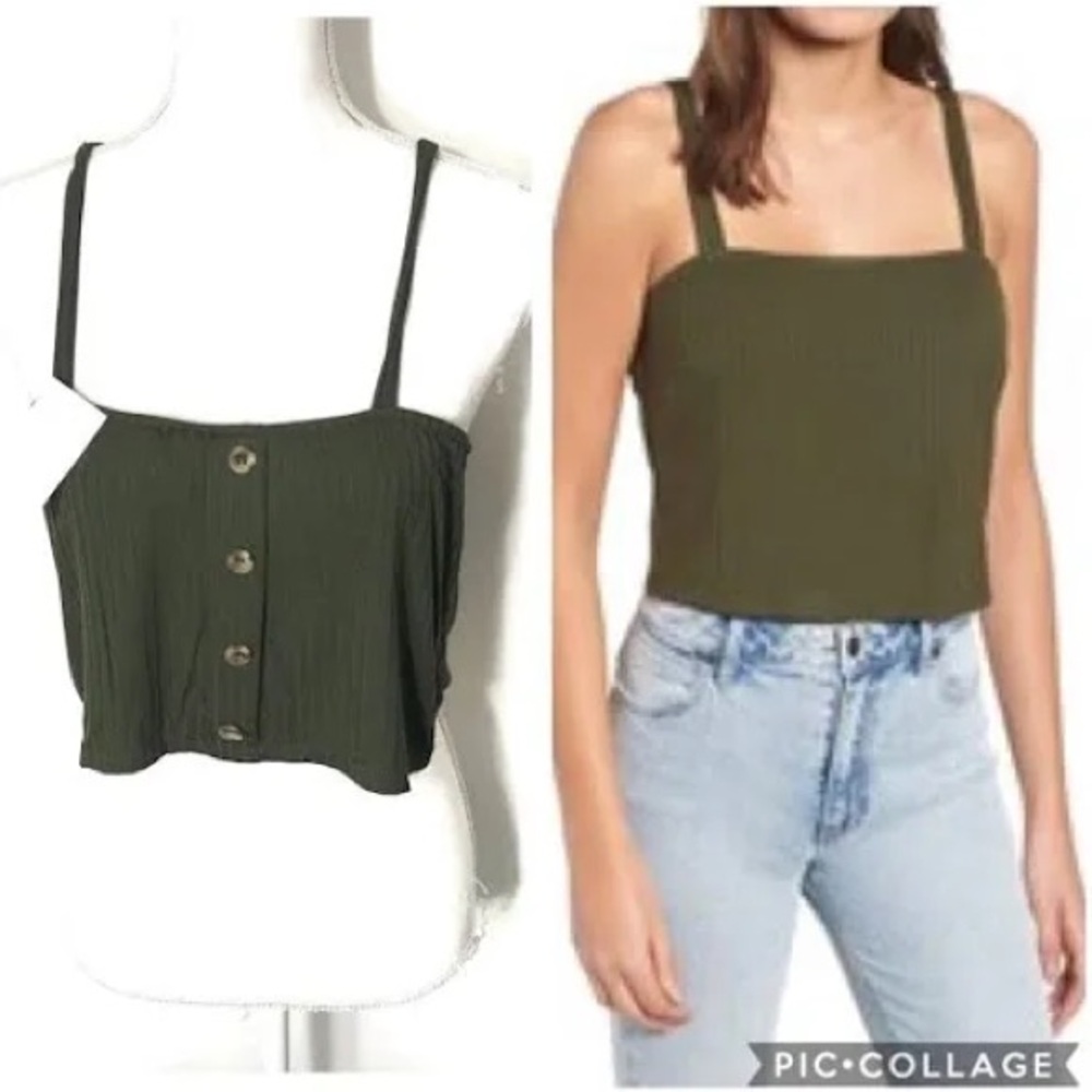 Mimi Chica NWOT Olive Green Knit Ribbed Crop Tank Top With Back Button Detail